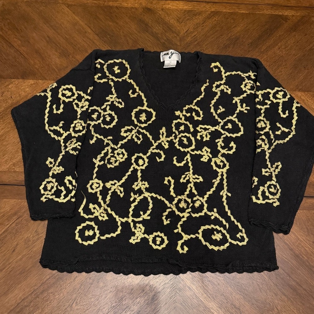 Vintage MZ Black Gold Floral Embroidered V-Neck Scalloped Trim Sweater Large
